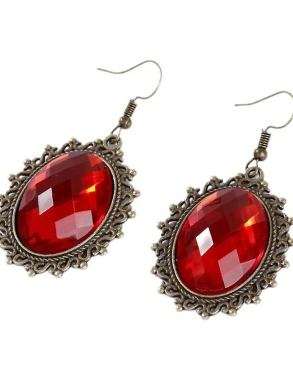 LoreVibe Dark Emerald red Oval Rhinestone Antique Metal Lace Frame Drop Pierce